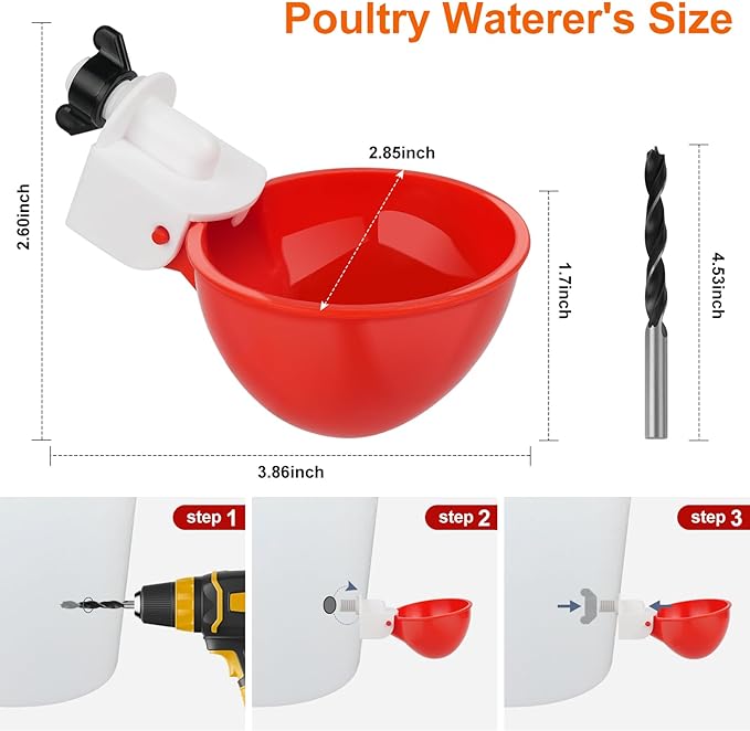 Automatic Chicken Waterer Cups, 6 Packs Large Chicken Water Feeder, Chicken Water Cups, Poultry Waterer Great for Duck, Chicken, Goose, Turkey, Bunny and Bird with Installing Drill