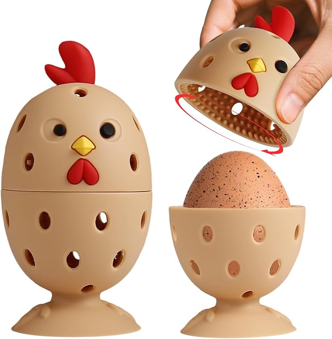 4PCS Silicone Egg Cleaner Brush Set, Egg Wash Brush Scrubber for Fresh Eggs Fruits Vegetables, Reusable Non-Scratch Multifunctional Rotating Egg Washer Tool (Brown)