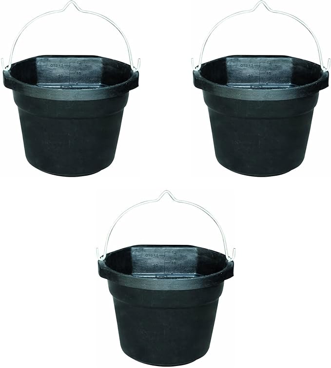 Farm Innovators FB-80R Rubber 3 Gallon Flat Back Heated Bucket with Metal Handle, Built in Thermostat, and Concealed Heating Element, 70 Watt (3 Pack)