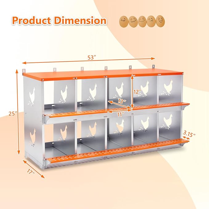 Chicken Nesting Box for Laying Eggs - 10 Room Chicken Laying Boxes, Nesting Boxes for Chickens, Heavy Duty Metal Chicken Coop (53" L x 17" W x 25" H)