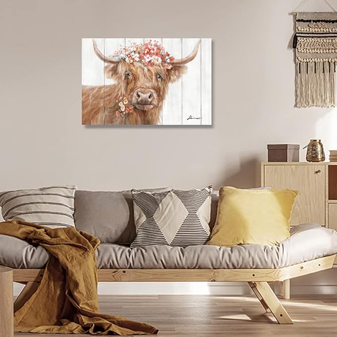 Yidepot Highland Cow Decor for Farmhouse: Retro Scottish Calf pictures hold Flowers Inspirational Quote Canvas Wall Art for boy's bedroom Kitchen Framed Ready to Hang Size 16"x24"