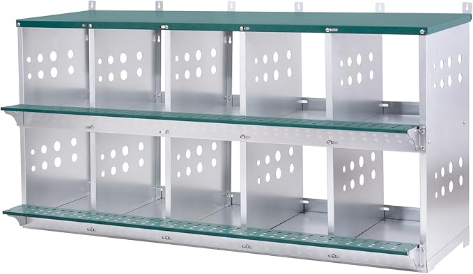 10 Bay Metal Nesting Box, Galvanized Steel Wall Mount Chicken Nest for Hens & Ducks, Large Capacity Poultry Laying Box with Ventilation & Removable Pad, Easy Assembly & Cleaning (Green)