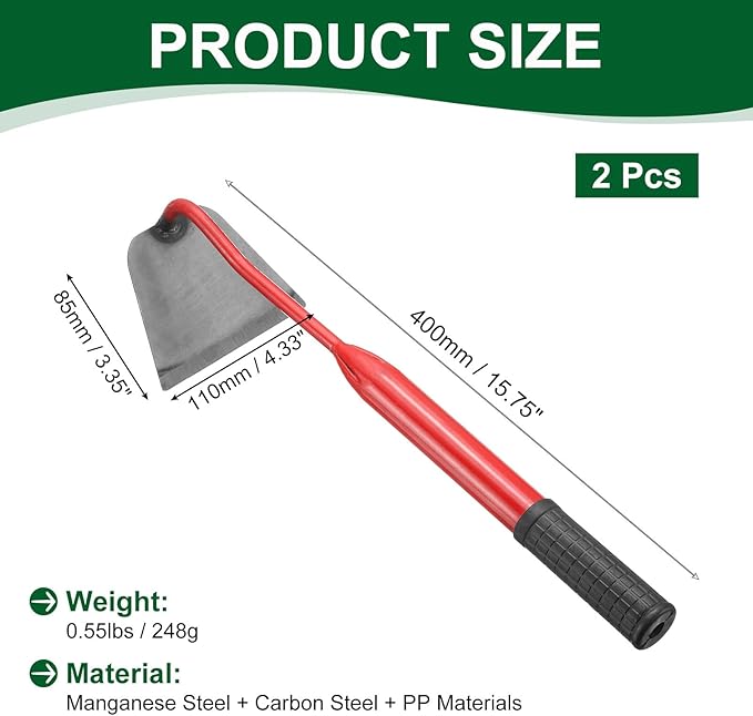 HARFINGTON 2pcs Garden Hoe 15.75" x 4.33" Steel Hoe Garden Tool Anti-Rust with Non-Slip Handle Edger Weeder Shovel for Backyard Loosening Farm Planting Weeding, Red
