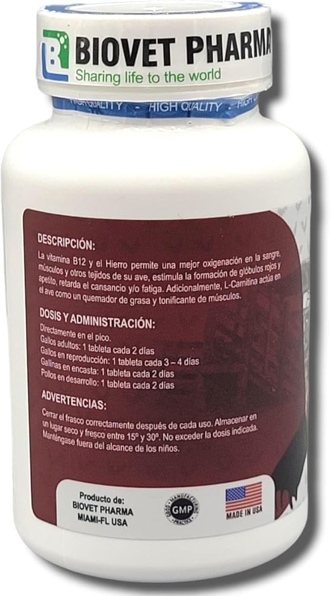 Super B12 5500 Con Hierro L -Carnitina Booster for Rooster - Supplements for Poultry Hen Chicken FARMAVET BIOVETPHARMA LUVAROBLLC