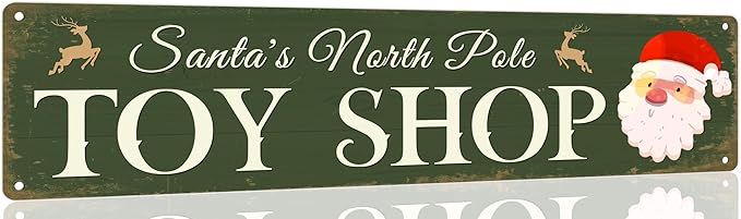 Santa's North Pole Toy Shop Christmas Metal Sign Vintage Print Art Poster Tin Plaque for Home Farmhouse Kitchen Patio Yard Cafe Bar Front Door Wall Decor 4x16 Inch