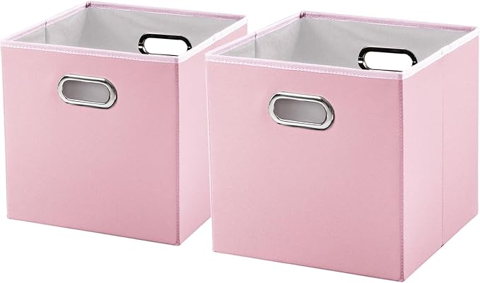 PRANDOM Leather Foldable Cube Storage Bins 13x13 inch [2-Pack] Fabric Storage Baskets Cubes Drawer with Cotton Handles Organizer for Shelves Nursery Closet Bedroom Clothes Pink