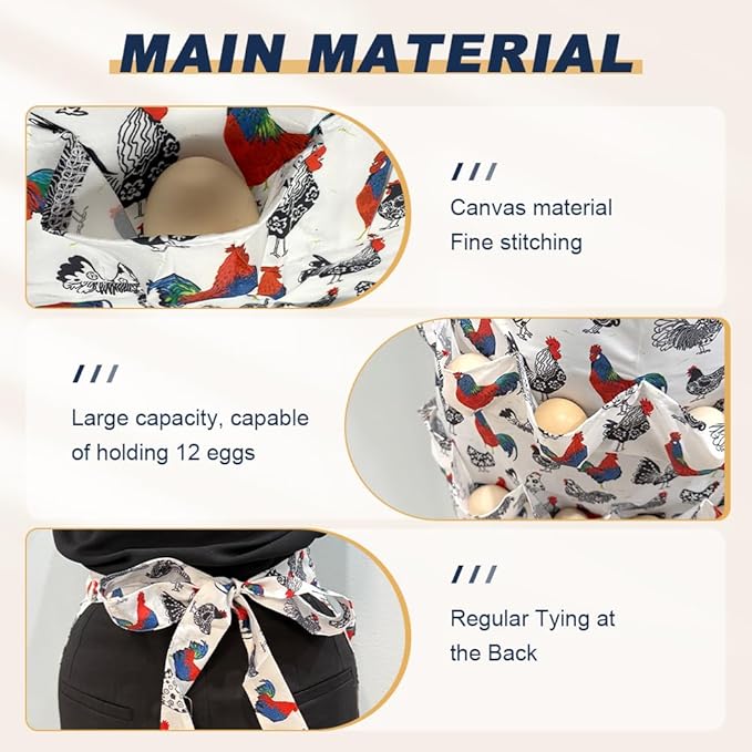 Egg Apron, Egg Collecting Apron with 12 Pockets for Fresh Eggs - Gathering Eggs from Chickens, Ducks, and Geese