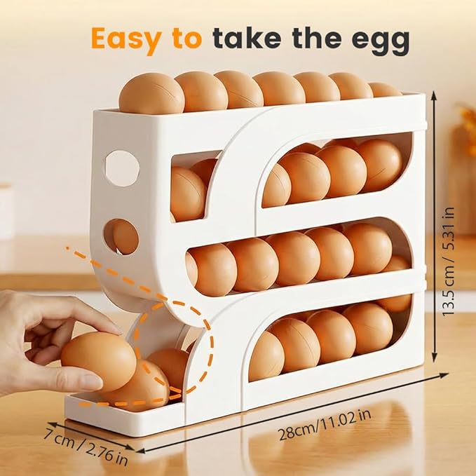 Auto Rolling Egg Holder for Fridge, 4-Tier Egg Dispenser Organizer Holds 28 Eggs, No Assembly Space-Saving Egg Storage Rack for Refrigerator & Countertop (Yellow)