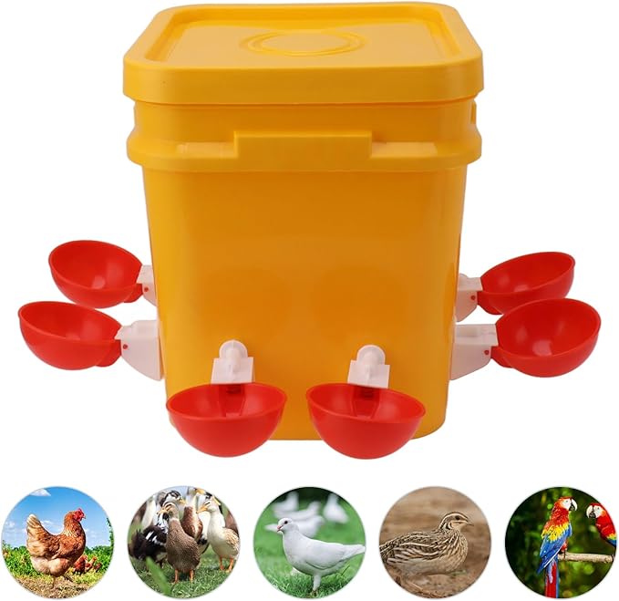 GLOGLOW Automatic Chicken Waterer Bowl, Durable Plastic with Gravity System, 12L Drinker for Chickens, Ducks and Other Poultry (Bucket + Big Red Bowl + Black Screws)