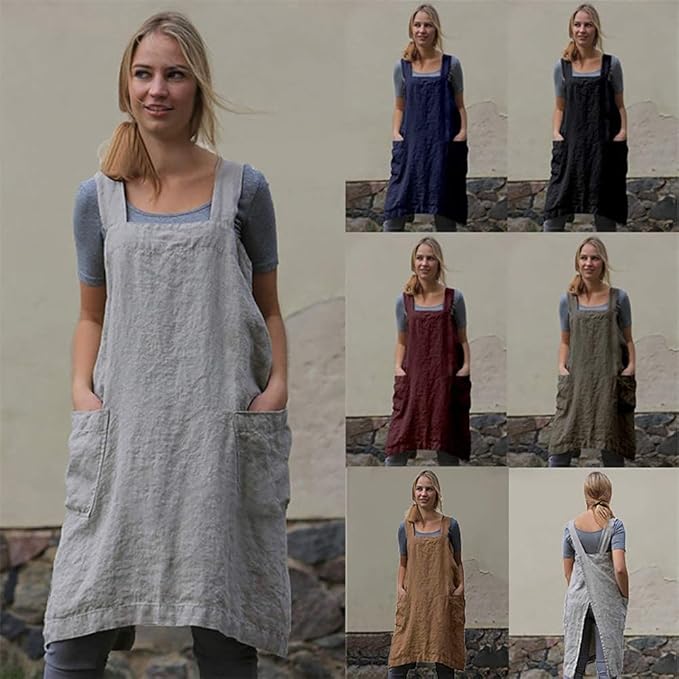 Cotton Linen Apron Cross Back Apron for Women with Pockets Pinafore Dress for Baking Cooking