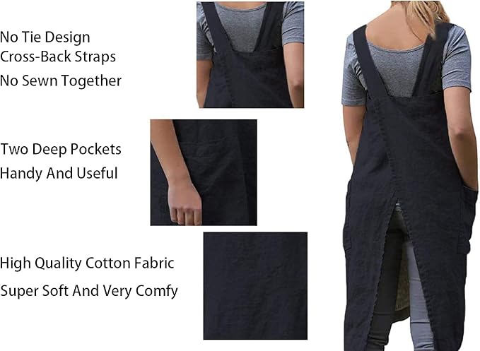 Women's Pinafore Apron Cross Back Apron with Pockets Cotton Linen Apron Dress Plus Size