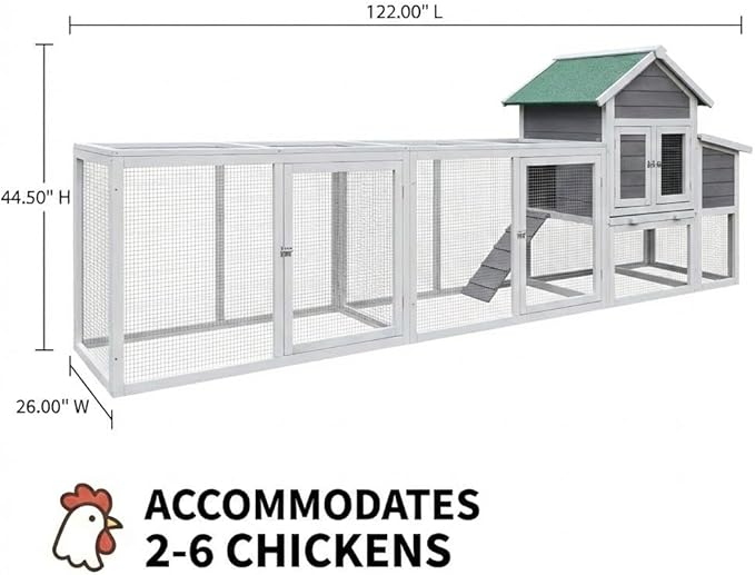 122" Large Wooden Chicken Coop with Run - Outdoor Hen House for 4-6 Chickens, Poultry Habitat Supplies with Chicken Nesting Box, Covered Chicken Enclosure & Big Chicken Coop Kits