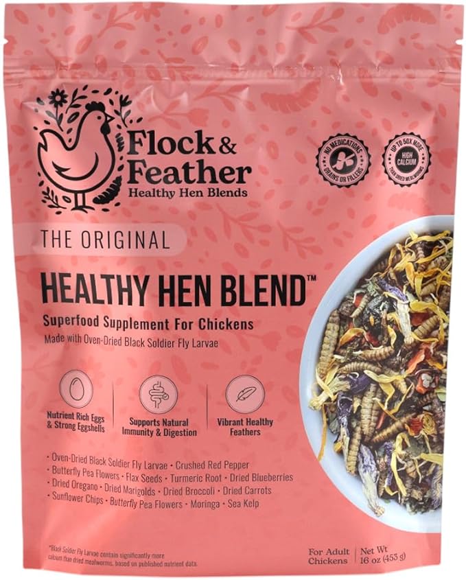Flock & Feather Healthy Hen Blend Chicken Treats with Black Soldier Fly Larvae for Chickens, Natural Poultry Feed Topper with Sunflower Seeds, Flaxseed & Herbs for Backyard Chickens & Laying Hens,1 lb