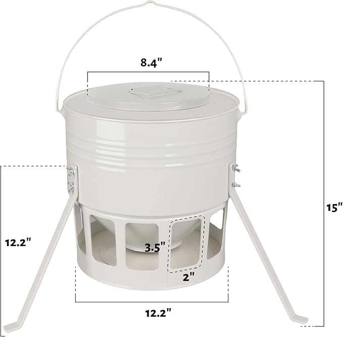 KOL Metal Chicken Feeder - 20lbs No Waste Chicken Feeder with 12 Ports, Powder Coated Rust-Proof Design & Smooth Edges for Safe Feeding (Jade White)