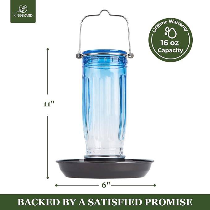 Kingsyard Glass Bird Water Dispenser for Outdoor, 16 Oz, Bird Water Feeder with Metal Hanging for Garden Yard Fence Decoration Hummingbird Cardinal Bluebird Finch, Blue