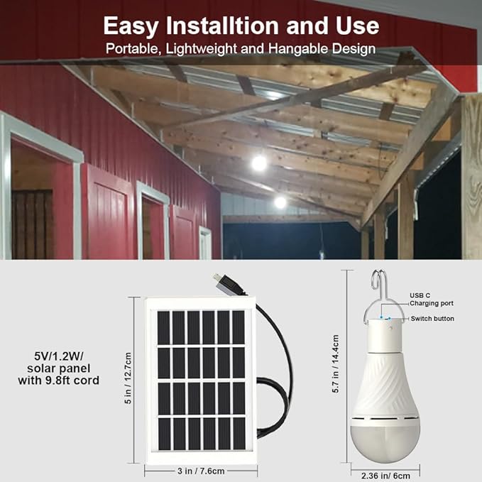 Portable Solar Light Bulbs with Auto On Off Mode for Indoor Home and Chieken Coop, Solar LED Bulb Lights for Camping Tent Emergency, 2-Pack