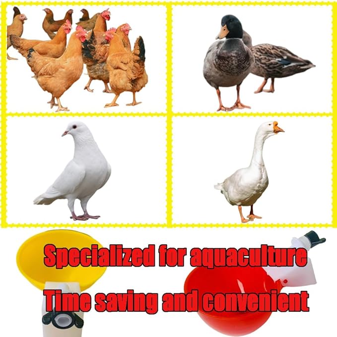 Poultry Waterer Cups 10 Packs Chicken Water Cups for PVC with Tee Automatic Chicken Waterer Kit for Poultry Chicks Duck Goose Turkey Bird and Bunny with Mounting Hole Opener (Yellow)