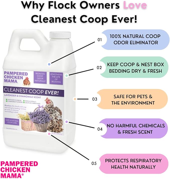 Pampered Chicken Mama Cleanest Coop Ever! Natural Chicken Coop Deodorizer & Bedding Refresher | Coop Refresher for Chickens | Odor Eliminator (Lavender & Chamomile, 25 pounds)