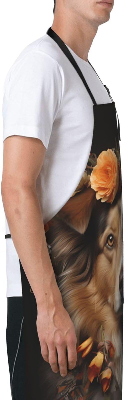 Dogs and Roses Heavy Duty Waterproof Apron with Pockets for AdultsResistant Grilling, Gardening, Painting