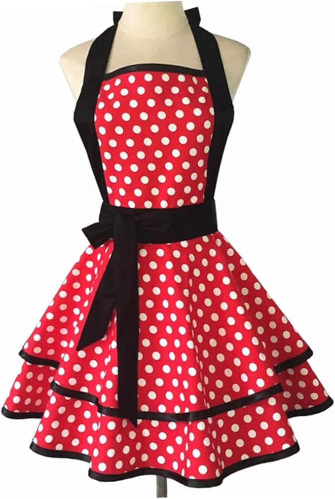 Cotton Dot Pattern Double-layer Apron for Women Lace-up Neck Strap Kitchen Cooking and Cleaning Work Apron for Home Hotel Use Soft