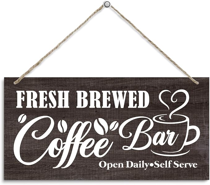 Coffee Wooden Hanging Decor Sign, Fresh Brewed Coffee Bar Open Daily Self Serve, Vintage Kitchen Decor, Rustic Farmhouse Cafe Pub Home Bar Decoration 12 x 6 Inches