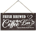 Coffee Wooden Hanging Decor Sign, Fresh Brewed Coffee Bar Open Daily Self Serve, Vintage Kitchen Decor, Rustic Farmhouse Cafe Pub Home Bar Decoration 12 x 6 Inches