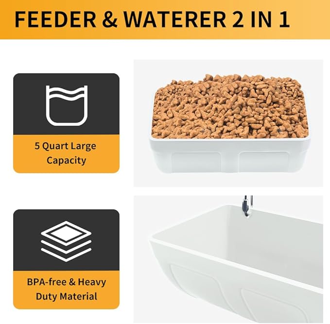 Goat Feeders Hanging 3 Pack 5 Quart, Chicken Waterer Feeder Trough for Poultry Duck Sheeple Coop Dog Livestock Poultry Plastic Trough Bucket, Hanging or Screw-in Fence Feeder with Clips, White