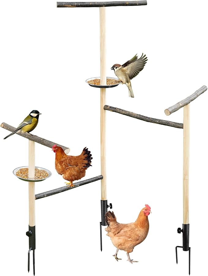 Extra Large Chicken Perch Toy for Coop,Durable Wooden Chicken Perch Stand with 3 Metal Ground Plug,Outdoor Bird Playground Toy,Chicken Coop Accessories for Poultry Rooster Cockatiels Lovebirds