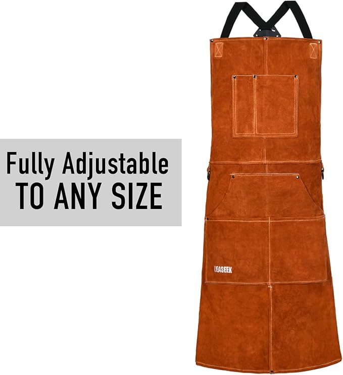 Leather Welding Work Apron - Heat Resistant & Flame Resistant Bib Apron, Flame Retardant Heavy Duty BBQ Apron