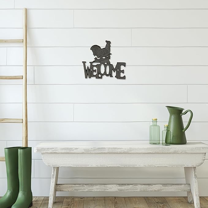 Treasure Gurus Cast Iron Welcome Rooster Sign Farmhouse Chicken Country Wall Art Rustic Front Door Porch Hen Home Decor