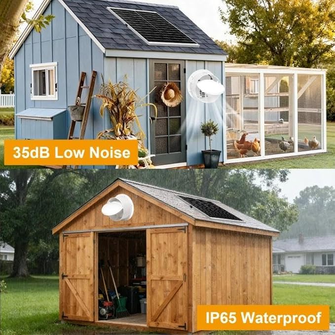 Solar Powered Fan with 24000mAh Battery Run Day/Night, 25W 9.8" Solar Fan for Chicken Coop Waterproof Solar Greenhouse Fan for Shed, Chicken Coop, Greenhouse