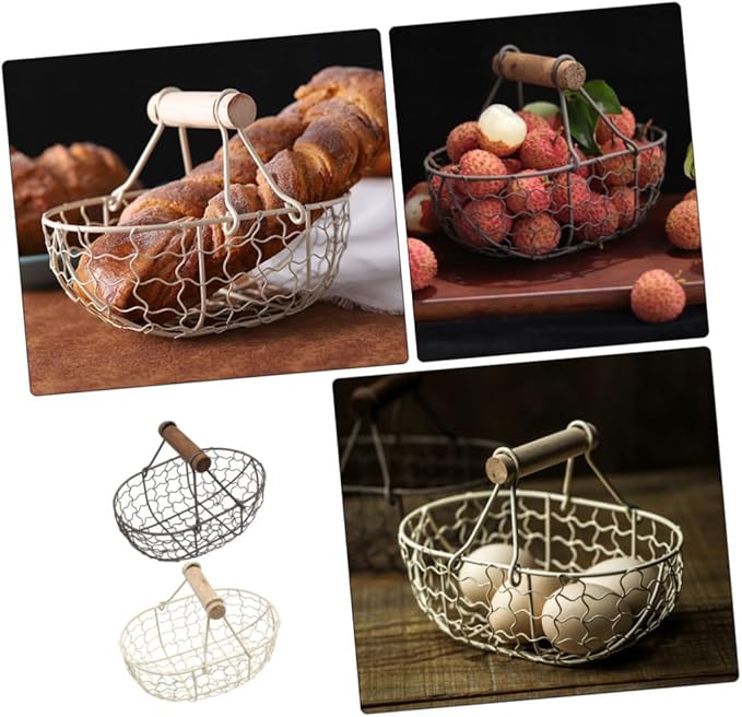 VICASKY 2pcs Retro Vintage Wire Storage Baskets with Wooden Handles, Farmhouse Style Metal Fruit and Egg Collecting Basket Set for Kitchen and Household Organization