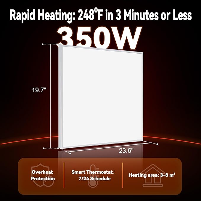 Infrared Space Heater 350W for Indoor Use with Thermostat, Wall Mounted Electric Convection Panel Heater, Silent & Energy Saving Room Heating Panel, Overheat Protection, with Remote & APP