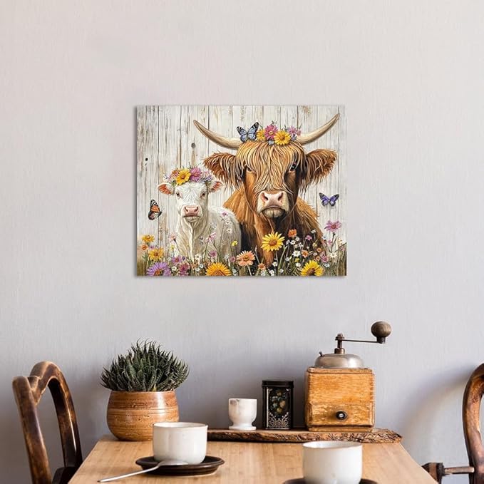 Yidepot Highland Cow Canvas Wall Art: Sunflowers Farmhouse Artwork, Sheap Cow Pictures Bedroom Decor Ready to Hang 12x15inch