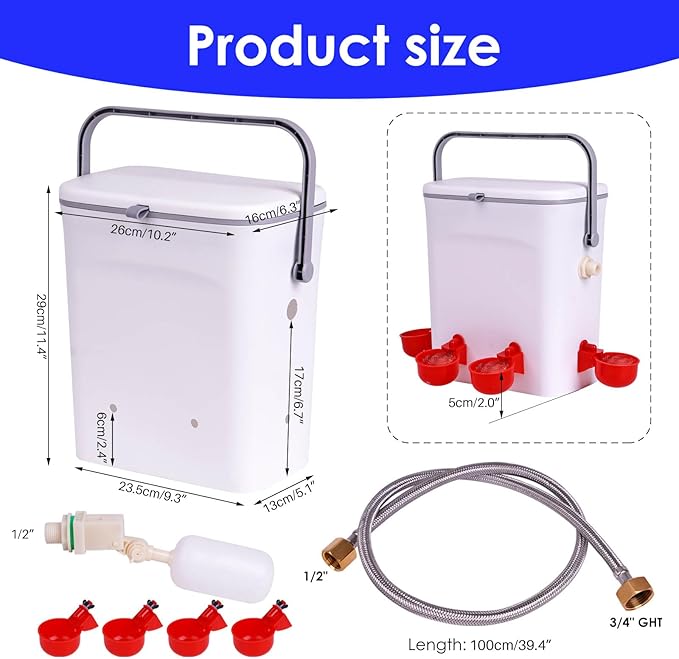Automatic Chicken Waterer with Float Valve Kit Hose Attachment and 4 Poultry Water Cups, Duck Chicken Water Feeder Poultry Waterer (2 Gallons)
