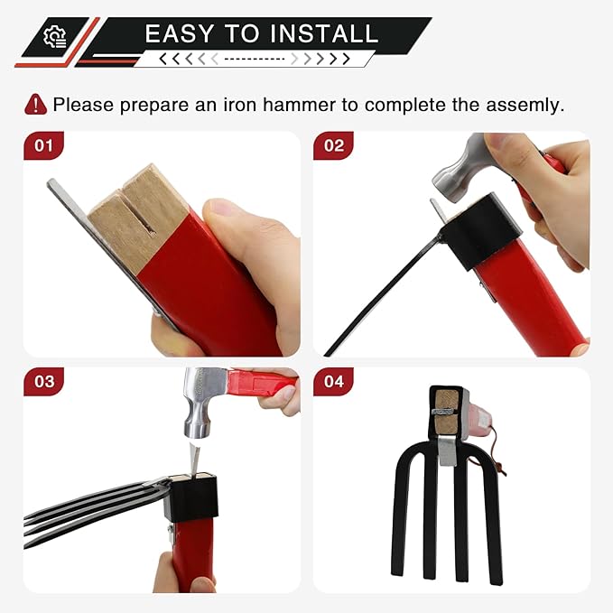 4-Pcs Gardening Tool Set – Pick Axe, Hoe, Hand Tiller & Garden Rake with 10.6" Wooden Handles, DIY Assembly Required, Garden Tools for Digging, Soil Loosening, Weeding & Cultivating