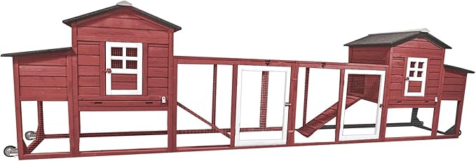 PetsCosset 158in Chicken Coop Wooden Indoor Outdoor for 1-6 Chickens Extension Chicken Houses with Removable Tray Nesting Box and Run（Set of Two）, Red