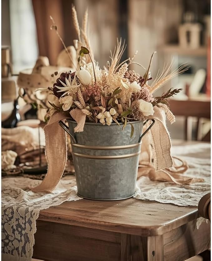 Hosley Set of 3 Zinc Finish Bucket/Pots with PVC Liner 5" Dia x 5" H, Ideal Gift for Floral Arrangements Wedding Home Office Party DIY Indoor Outdoor Garden Patio