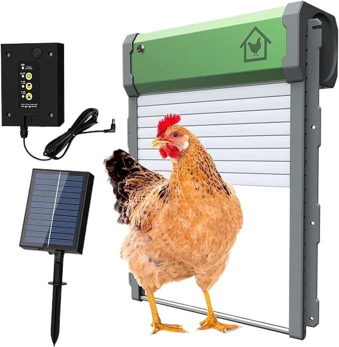 Automatic Chicken Coop Door Solar Powered Aluminum Alloy Chicken Door with Timer Light Sensor Remote Control Manual Mode(Green)