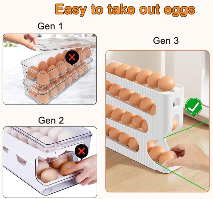 Automatic Rolling Down Egg Holder, SperinGeen 2 Pack Egg Organizer Storage for Refrigerator, Space Saving Container, Dispenser for Fridge - Only for "LARGE" Sized Eggs (Egg Roller Hold 56 Count)
