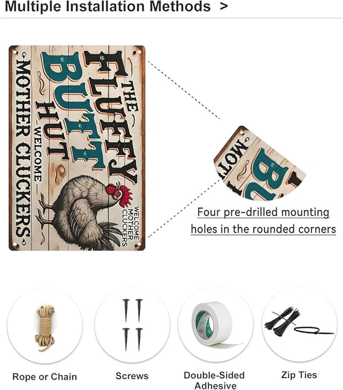 Chicken Coop Accessories Metal Signs -Chicken Coop Fluffy Butt Hut Chicken Tin Signs 8x12 Inch