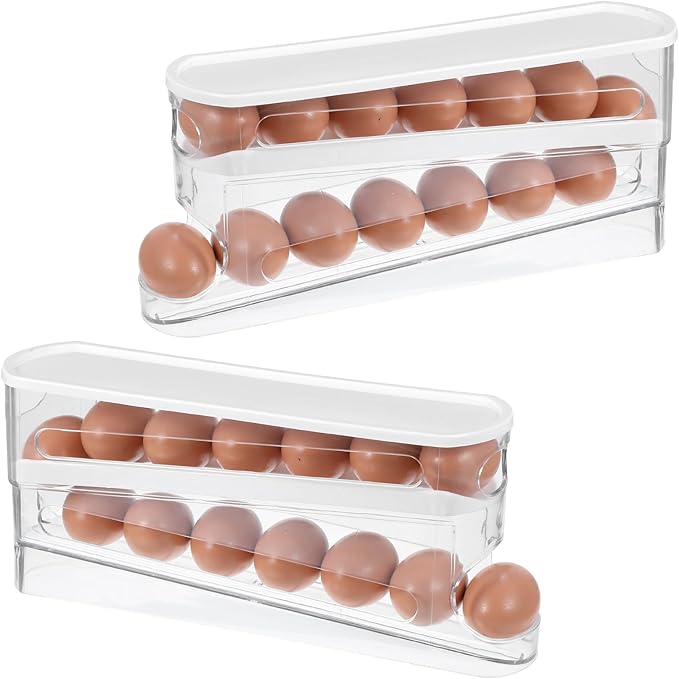 Egg Holder for Fridges 2 Pack, Auto Rolling Fridge Egg Carton 14 Grid Space Saving Clear Eggs Storage Box Eggs Dispenser Rolls Stackable Container with Lid for Fridge and Kitchen Cabinet