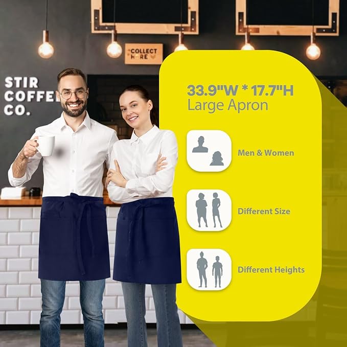 ROTANET Server Apron Black with 3 Pockets 18 Inch Long Waiter Waitress Bistro Half Waist Aprons for Women Men Waterproof