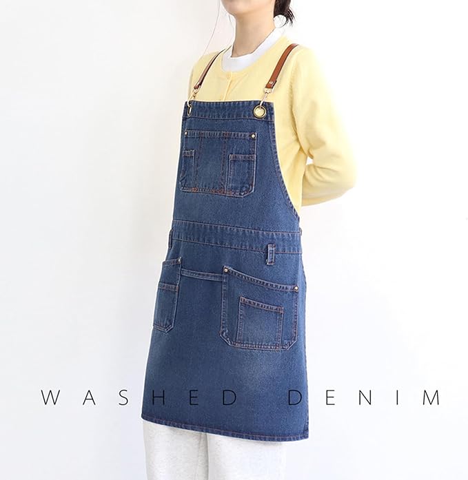 Denim Work Apron Adjustable Cross Back Gardening Aprons Multiple Pockets Men Women Restaurants, Cafes, BBQ