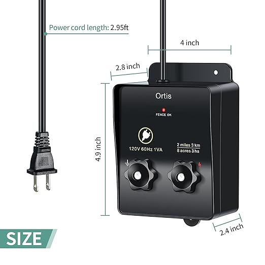 Electric Fence Energizer, Ortis 2-Mile/ 8 Acres Electric Fence Controller for Dogs, Livestock, Squirrels, Used for Gardens, Chicken Coops, 0.1 Joule