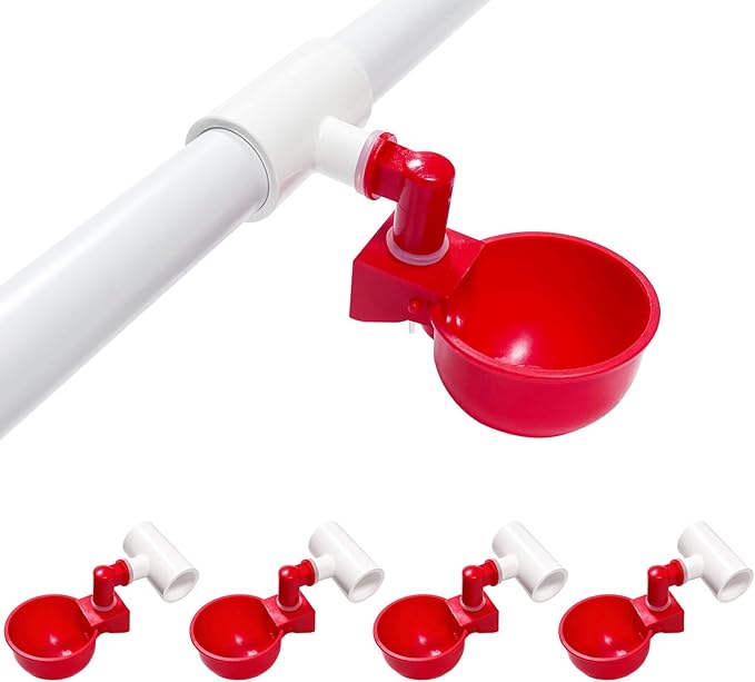 Chicken Water Cups for PVC with Tee (4 Pack), Automatic Chicken Waterer Kit for Poultry, DIY PVC Water Feeder for Chicken/Duck/Quail/Turkey