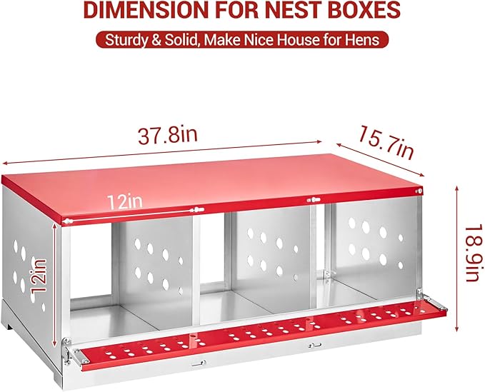 Metal Chicken Nesting Boxes - 3 Hole Wall-Mountable Laying Boxes with Roll-Away Egg Collection, Weatherproof Galvanized Steel, for Chicken Coop, Red