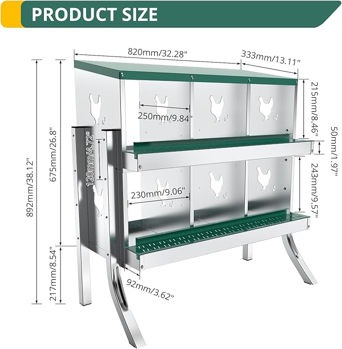 6 Compartment Chicken Nesting Box - Heavy Duty Metal Coop with Roll Away Egg Collection, Perch, Lid Cover for Egg Protection - Wall Mount/Free Standing Nest Box for Chickens, Hens, Ducks
