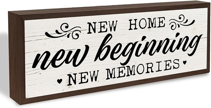 Rustic Home Sign, New Beginning New Memories Sign, Front Door Porch Decors, Decorative Wooden Framed Signs, Shelf Decoration, Wall Decor Art, House Cottage Decors, Housewarming Gift 9.5x3.1x1 inches