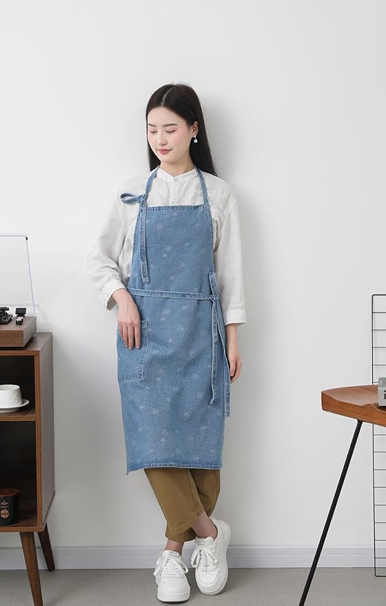 Cotton Denim Apron Soft - Unisex Adjustable Bib Apron with 5-Pockets Perfect for Kitchens